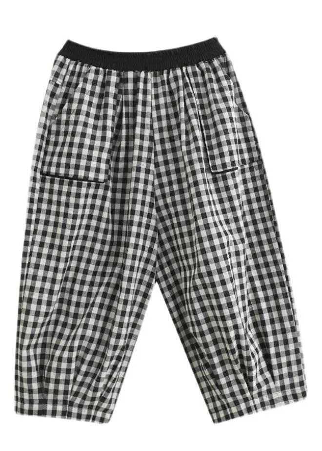 Plus Size Plaid Elastic Waist Casual Harem Pants Summer Cotton Linen